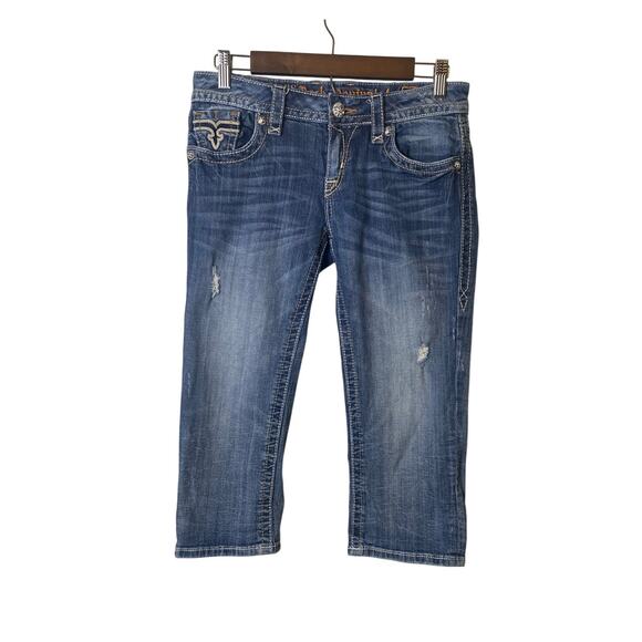 Rock Revival Angela Blue Denim Distressed Capri Jeans Women's Size 28 - Picture 1 of 10